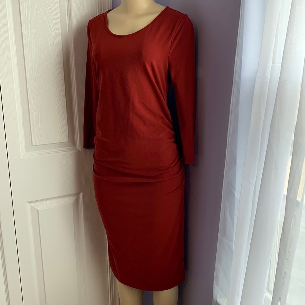 Isabel Maternity Ruched Long Sleeve Cotton Blend Midi Dress M Rust Red